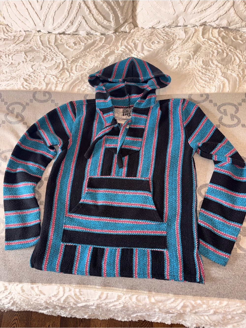 Baja Drug Rug Black Pullover with Blue, White and Pink Stripes - Picture 2 of 9